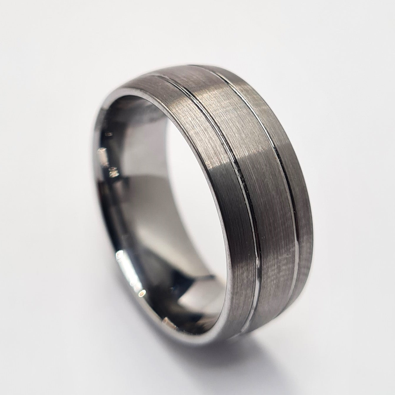 Men's Wedding Band: Brushed Tungsten with two grooves