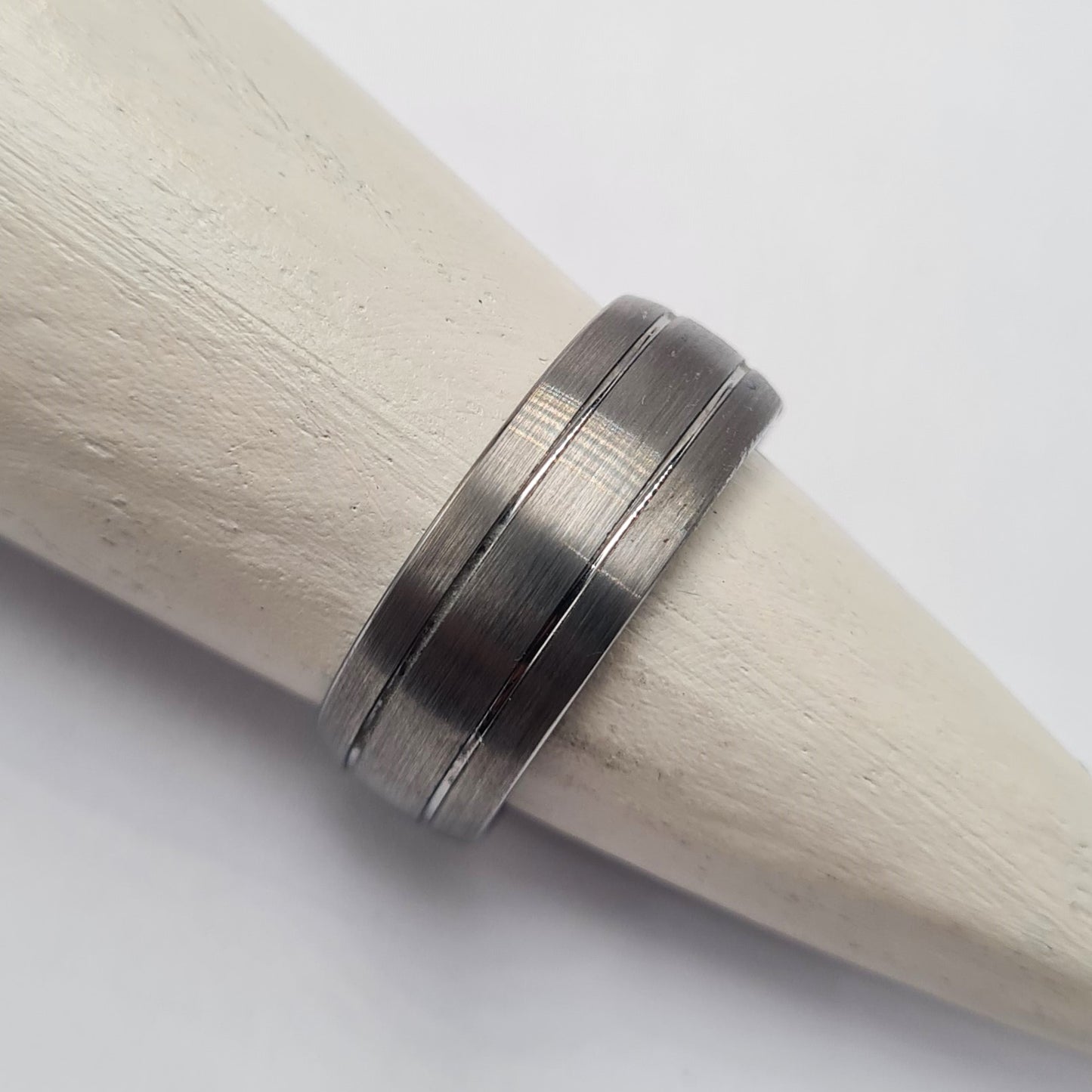 Men's Wedding Band: Brushed Tungsten with two grooves