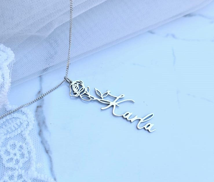 Vertical Name Pendant With Flower