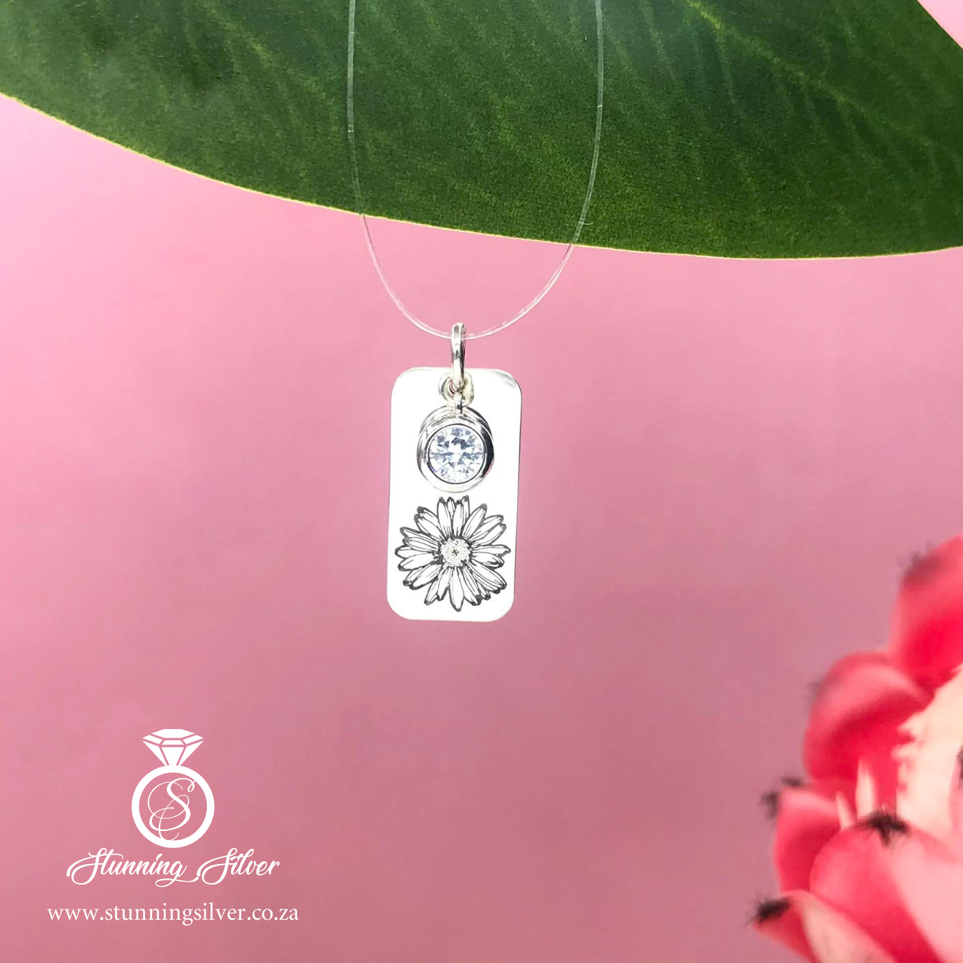 April Birth Flower Bar Pendant with Birthstone - Daisy and White Colored Cubic