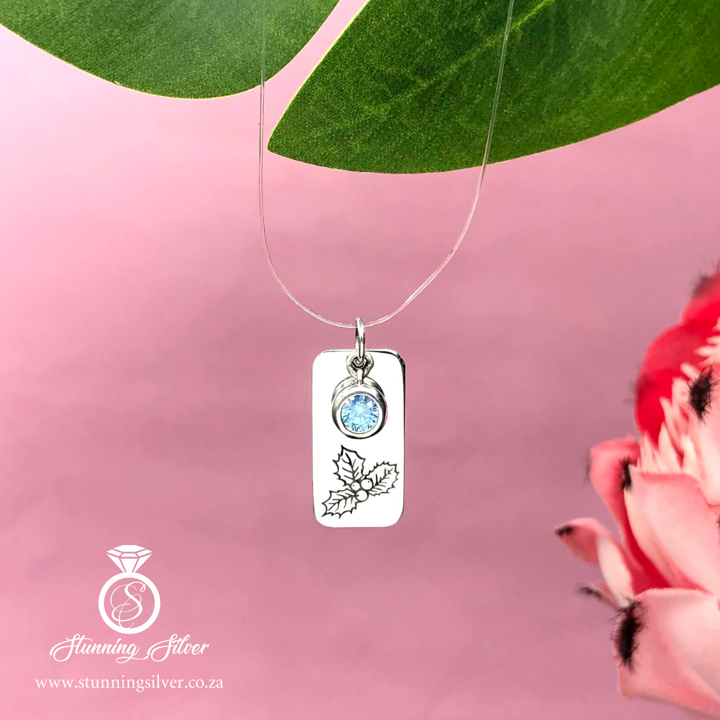 December Birth Flower Bar Pendant with Birthstone - Holly and Blue Zircon Colored Cubic