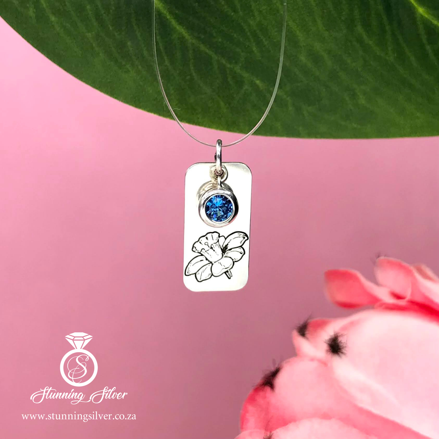 March Birth Flower Bar Pendant with Birthstone - Daffodil and Aquamarine Colored Cubic