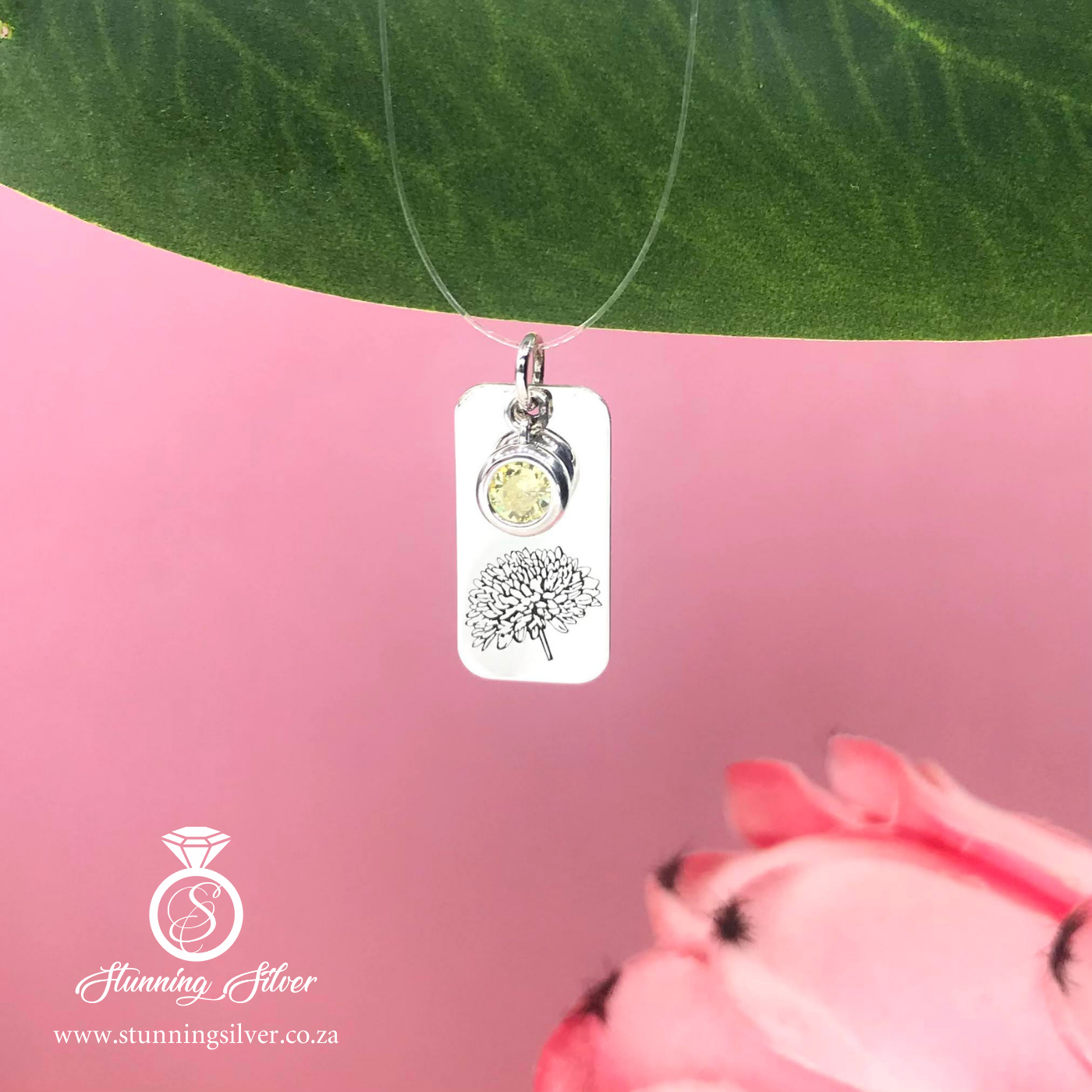November Birth Flower Bar Pendant with Birthstone - Chrysanthemum and Yellow Topaz Colored Cubic