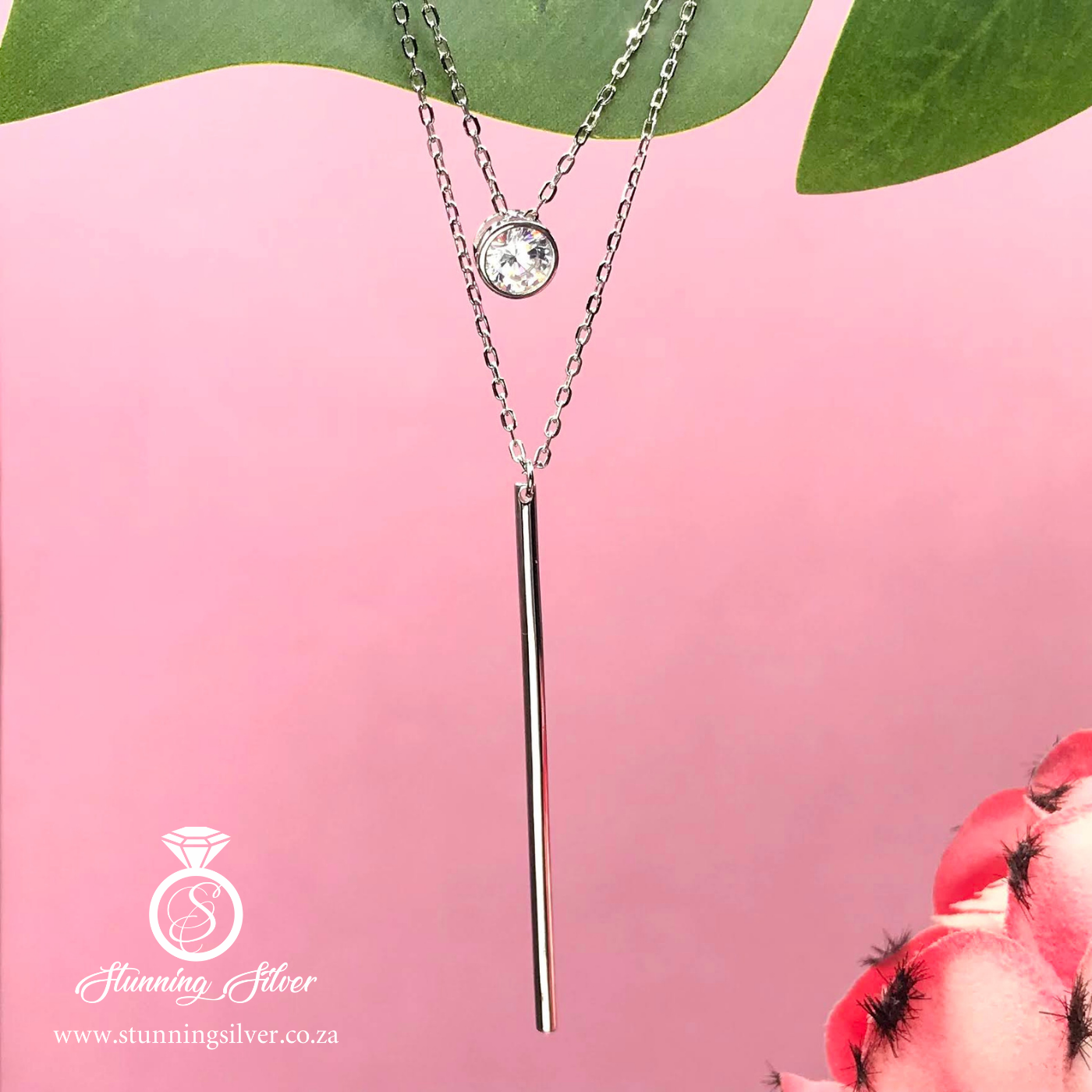 Cubic and Bar Double Chain Necklace