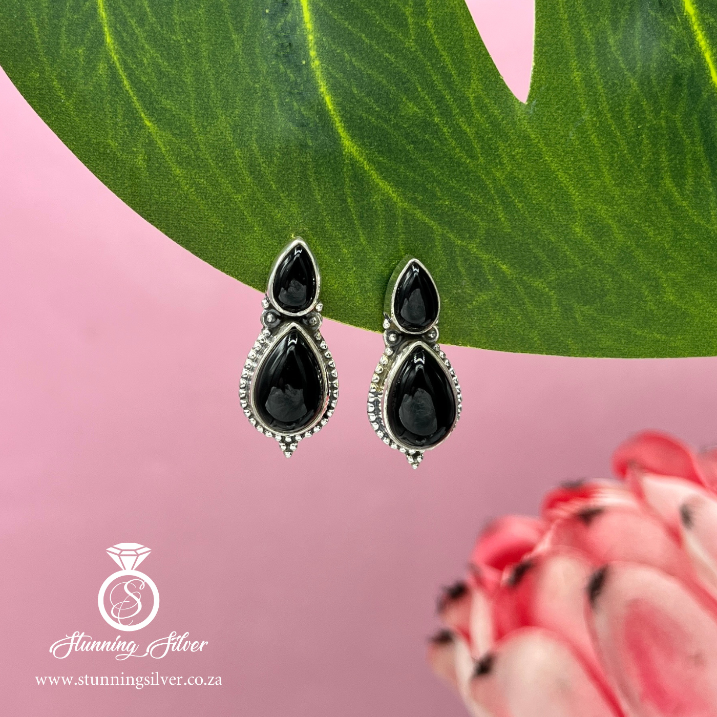 Black Double Teardrop Stud Earrings