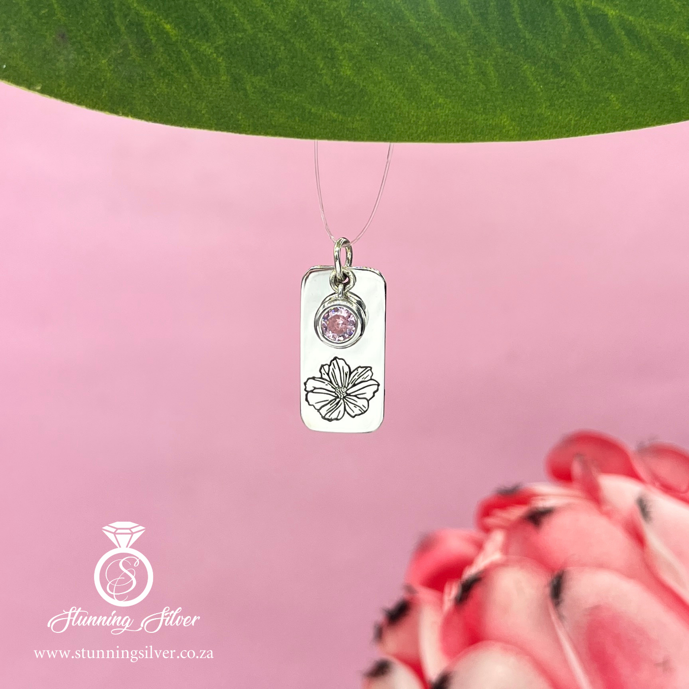 October Birth Flower Pendant with Birthstone - Cosmos and Pink Tourmaline Colored Cubic