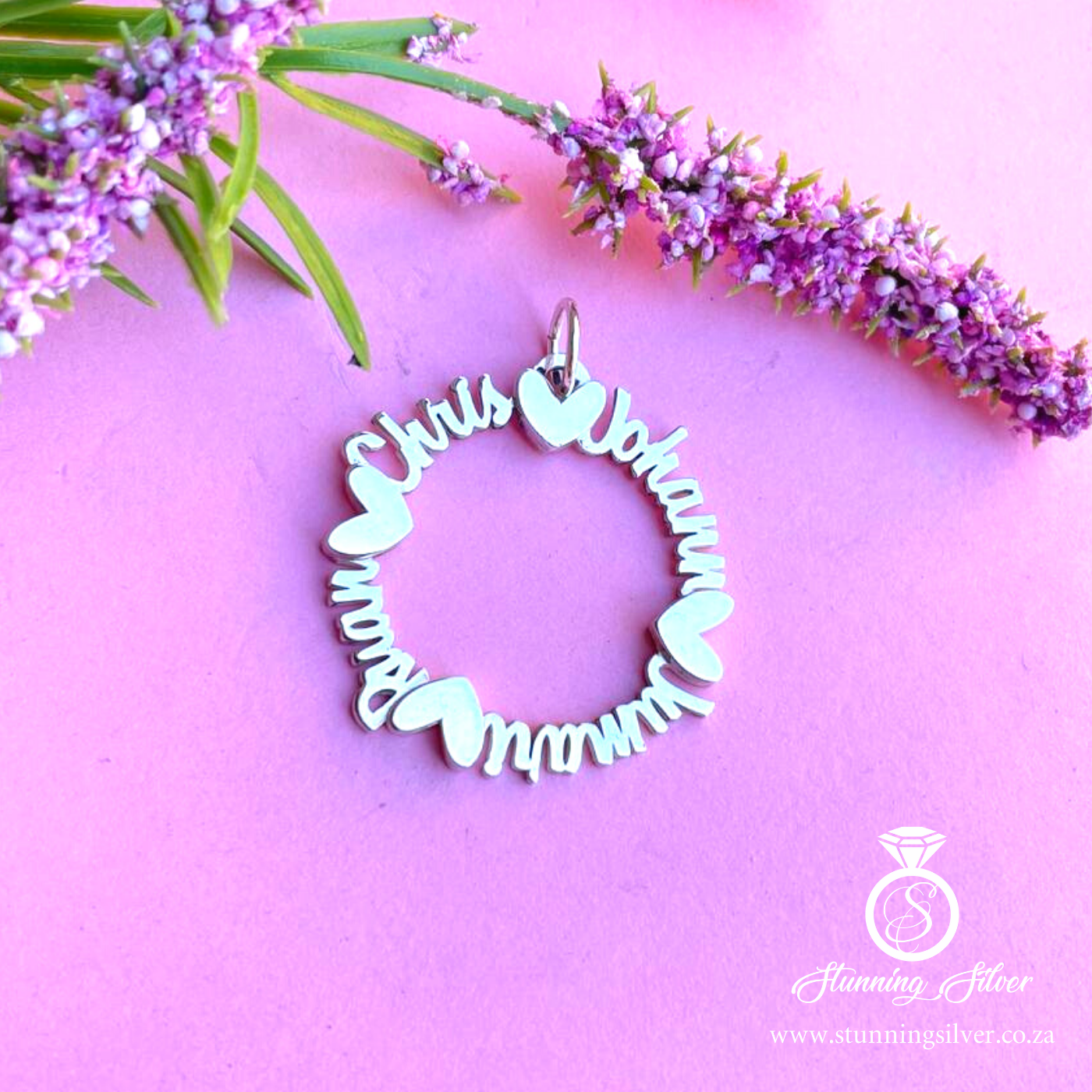 Circle Name Pendant with Hearts
