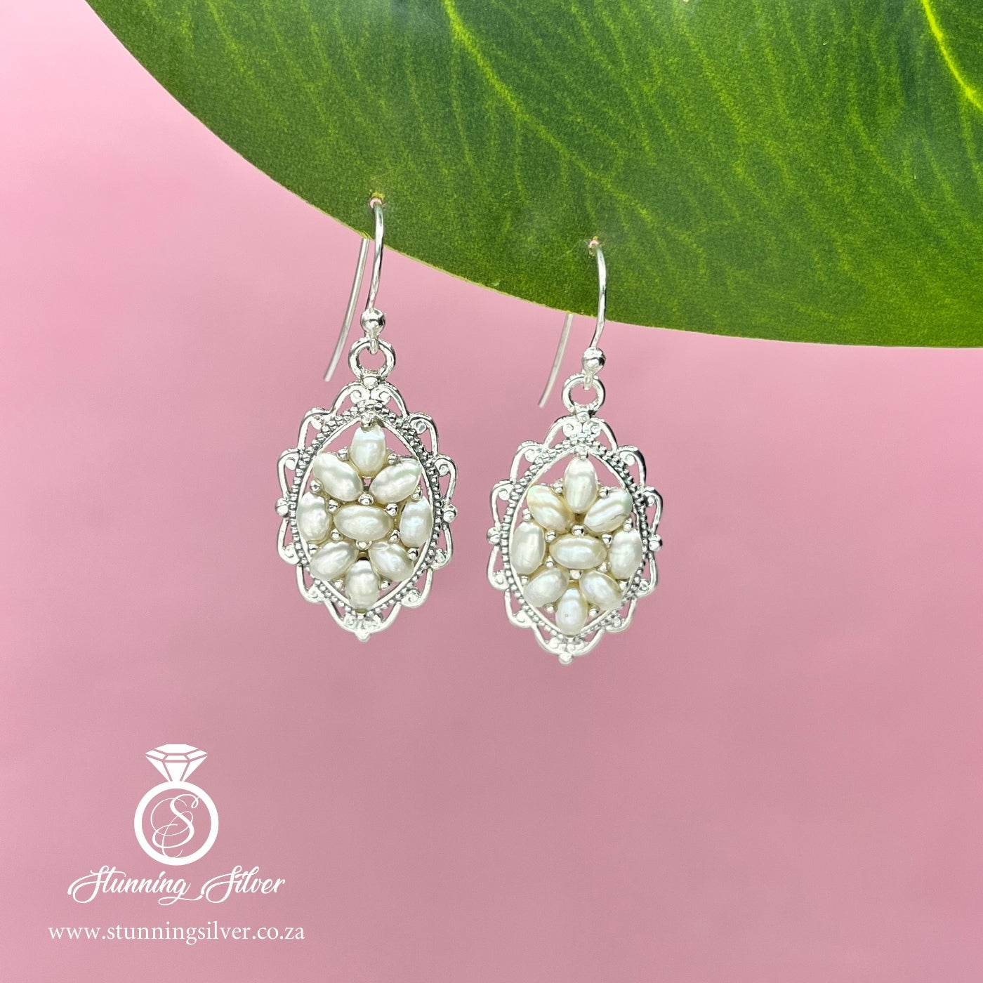 Pearl with Spiral Border Hanging Earrings