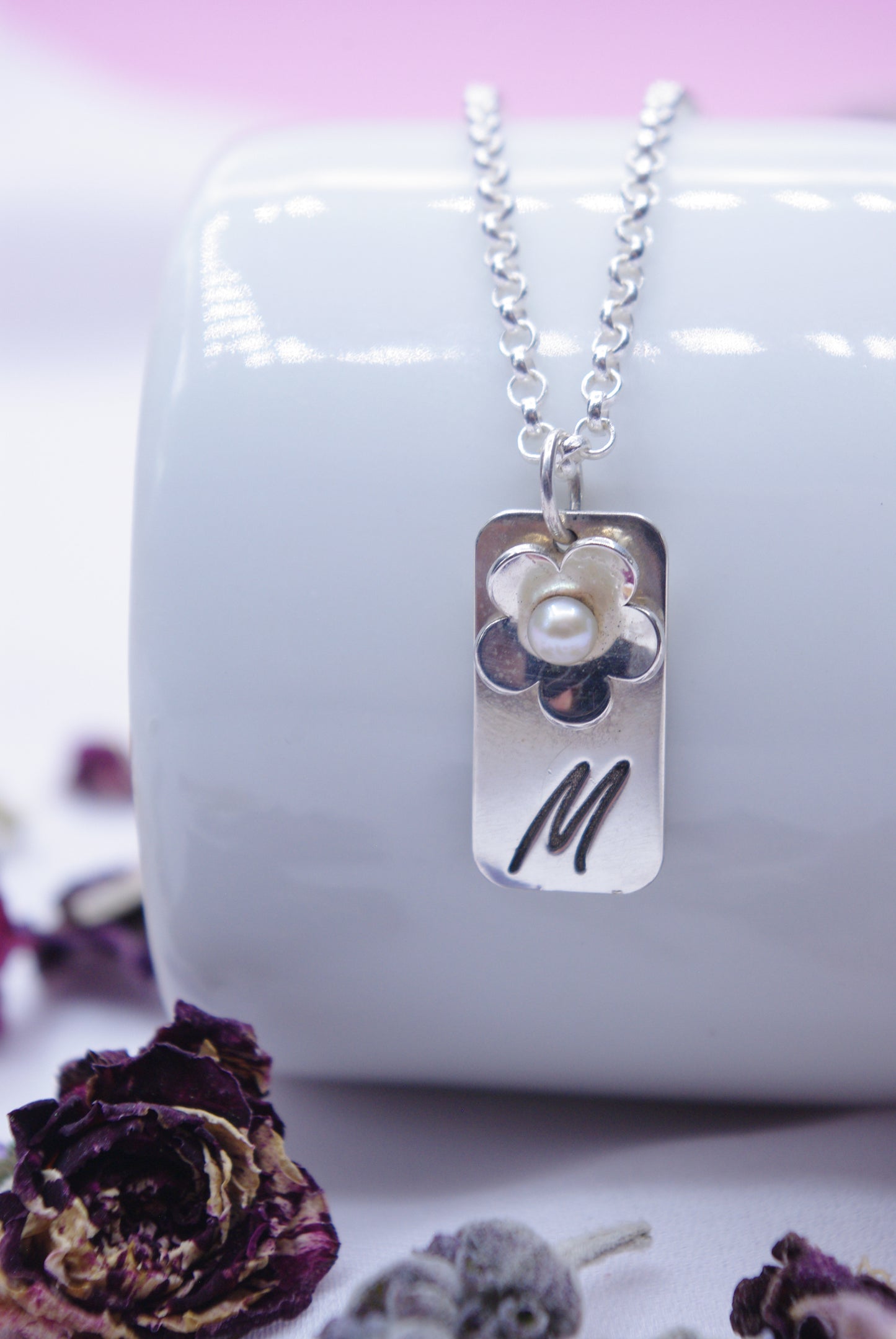 Bar Initial Pendant with Flower and Pearl