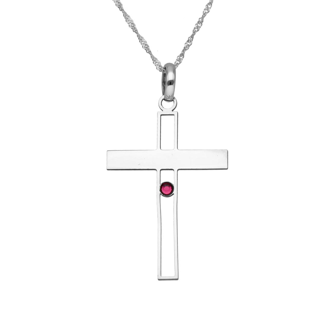 Cross With Birthstone- 9ct White Gold