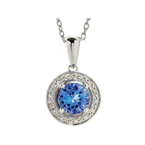 Gold Round Tanzanite and Diamond Pendant - 9ct White Gold