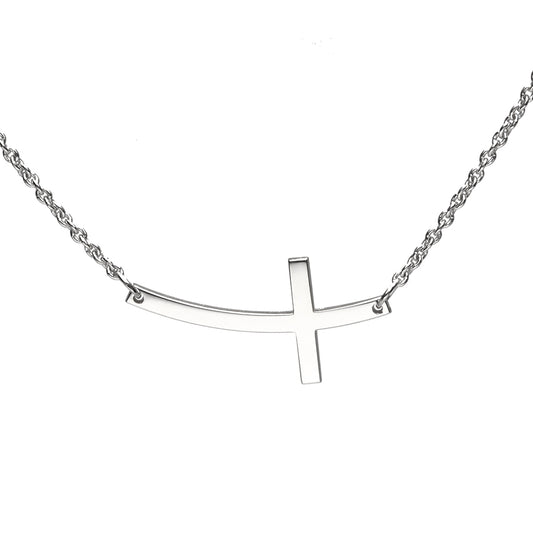 Curved Cross on Chain (1.4mm)- 9ct White Gold