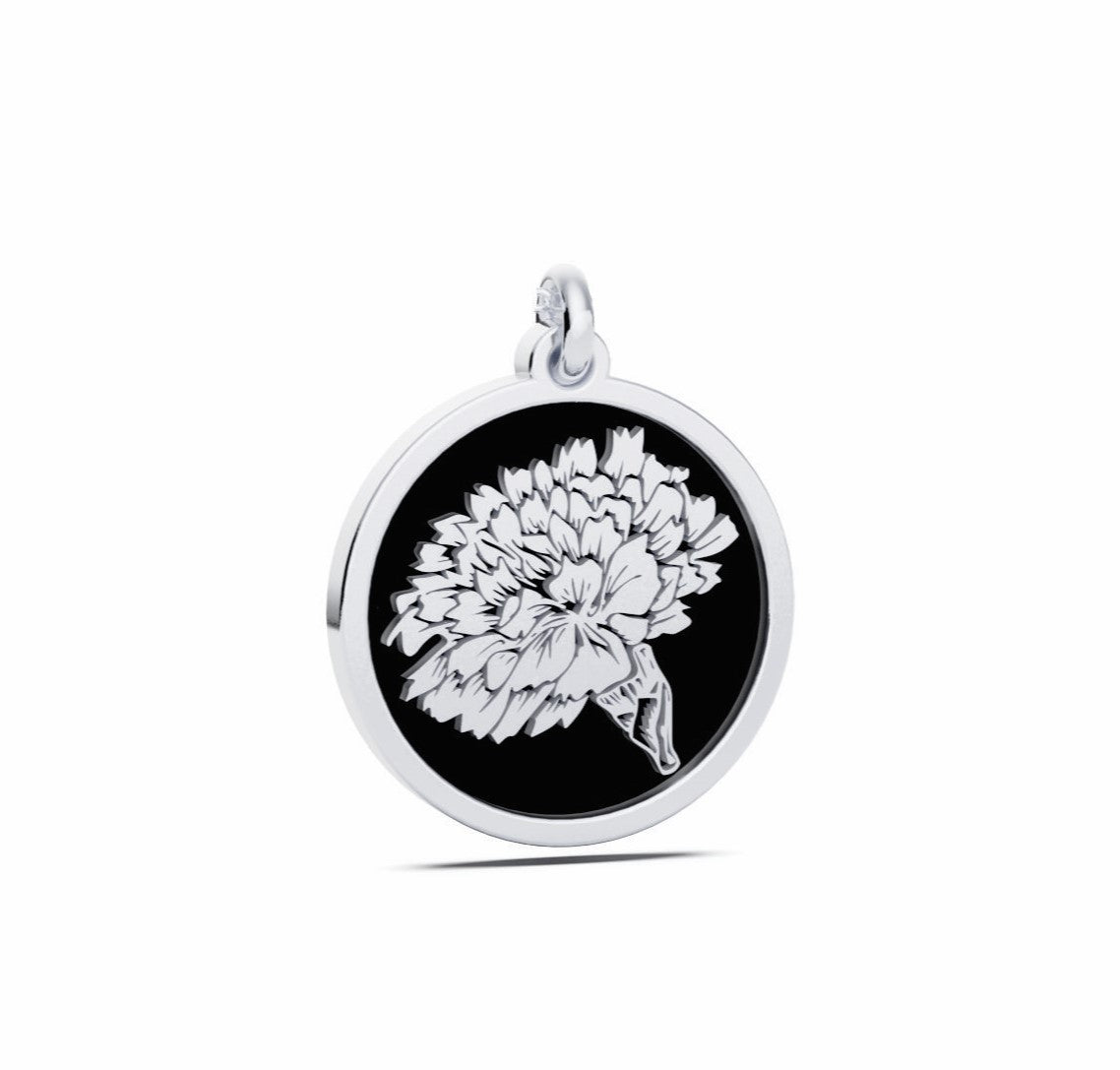 January (Carnation) Birth Flower Round Pendant - 925 Silver