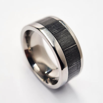 Men's Wedding Band: Titanium with silver infused Carbon Fiber inlay