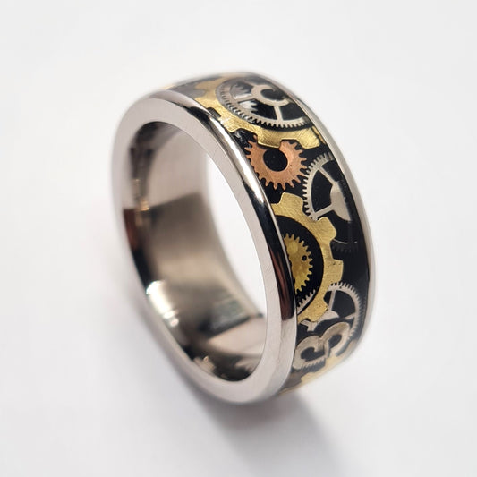 Men's Wedding Band: Titanium with steampunk and black resin inlay