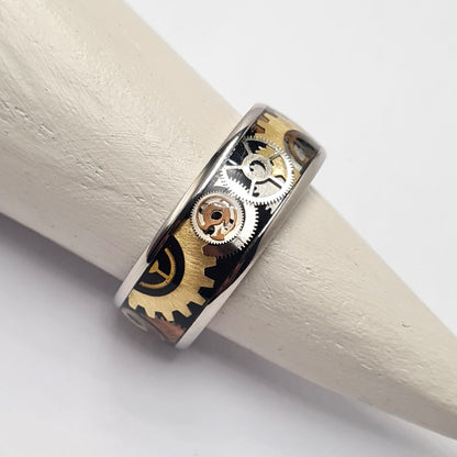 Men's Wedding Band: Titanium with steampunk and black resin inlay