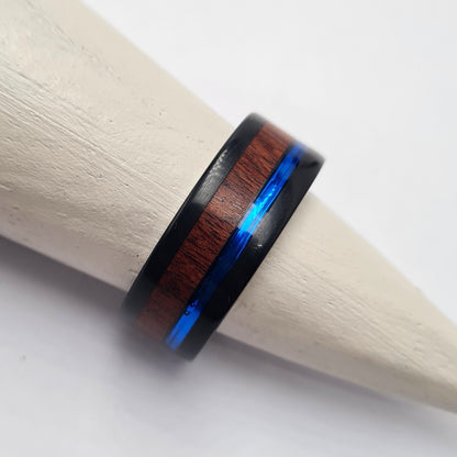 Men's Wedding Band: Titanium with Ertalyte, Mopani wood and blue resin