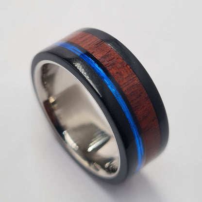 Men's Wedding Band: Titanium with Ertalyte, Mopani wood and blue resin