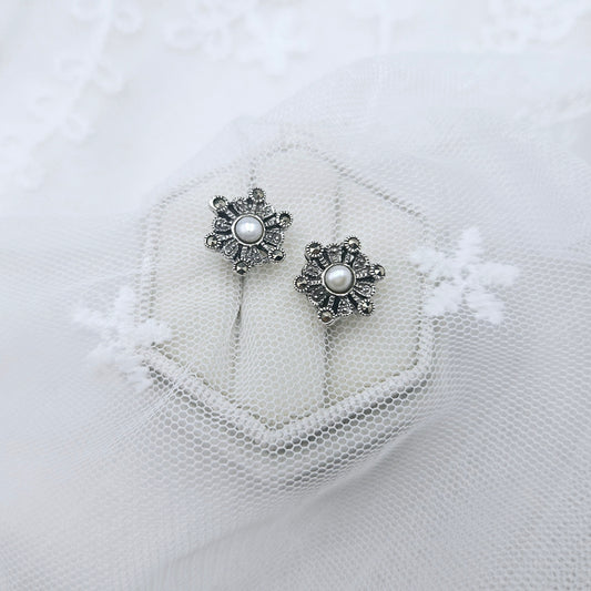 Small Marcasite and Pearl Stud Earrings