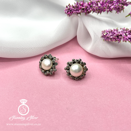 Marcasite Pearl Stud Earrings