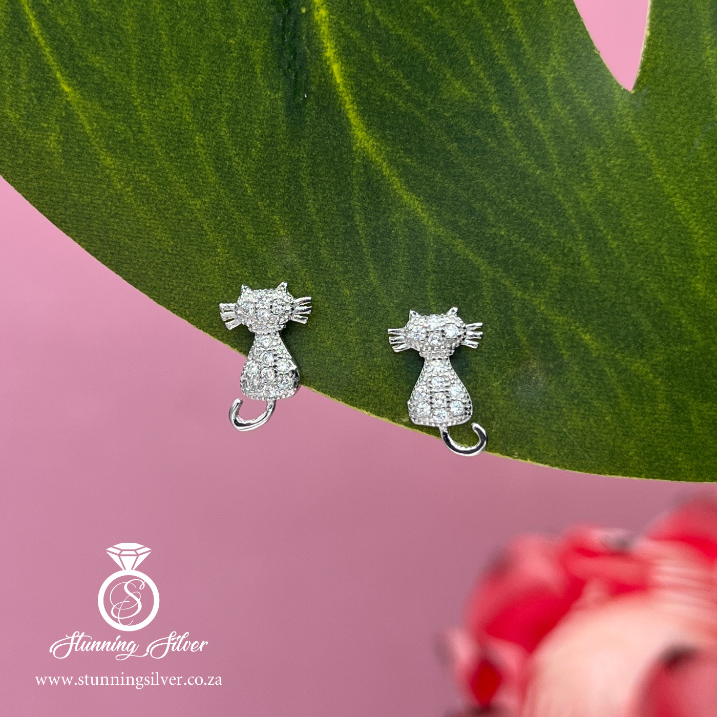 White Cubic Cat Stud Earrings