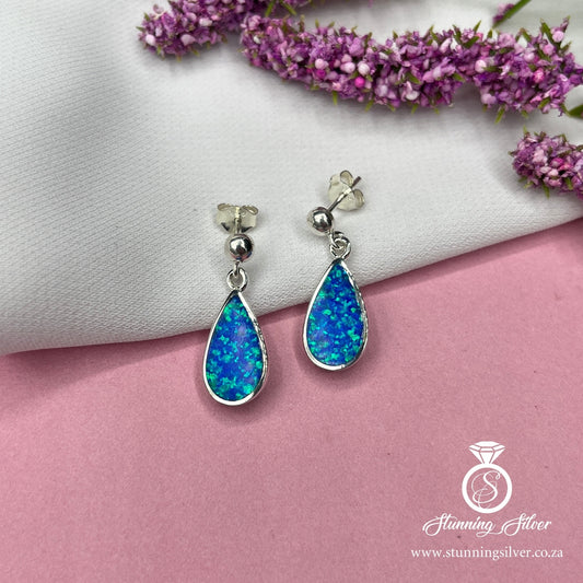 Blue Opal Teardrop Earrings with Detailed Back