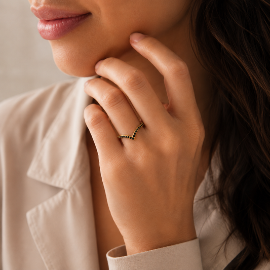 9ct Gold Heather Stack Ring - Black Stones