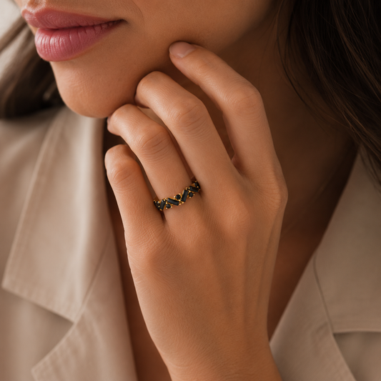 9ct Gold Lily Stack Ring - Black Stones