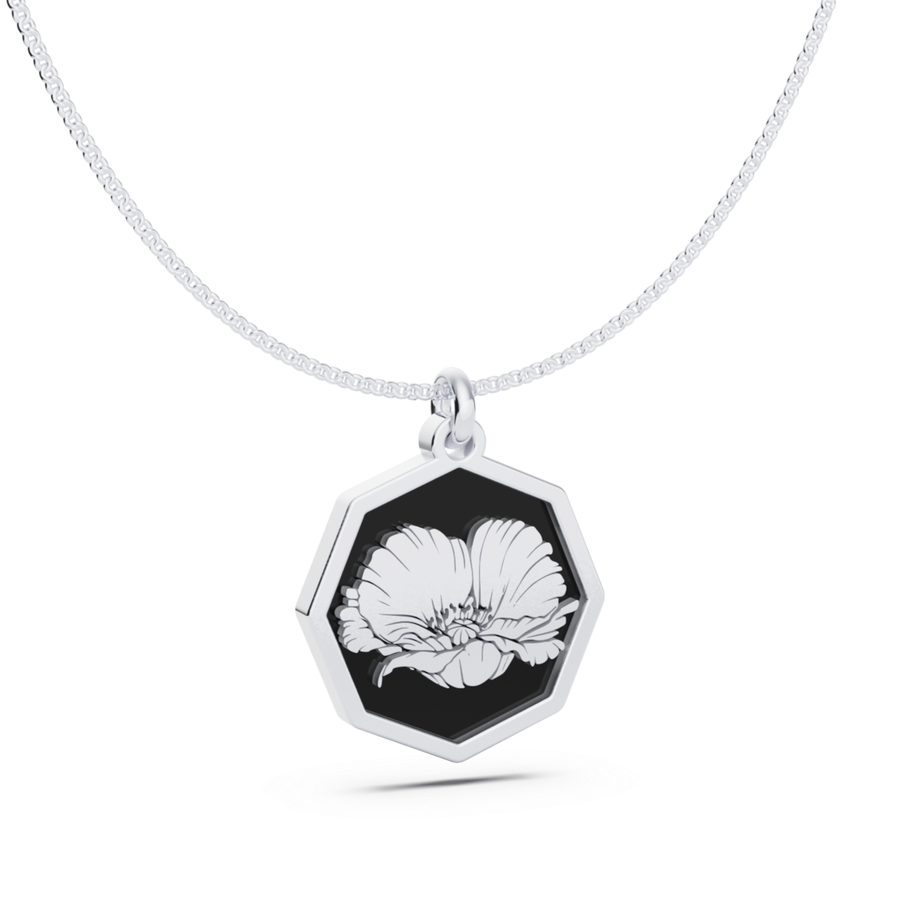 August (Poppy) Birth Flower Octagon Pendant - 925 Silver