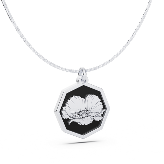 August (Poppy) Birth Flower Octagon Pendant - 925 Silver