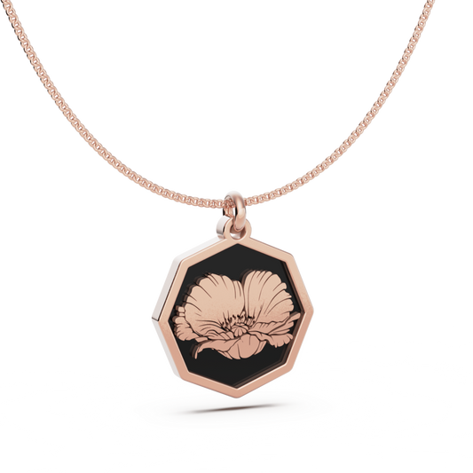 August (Poppy) Birth Flower Octagon Pendant - 9ct Rose Gold