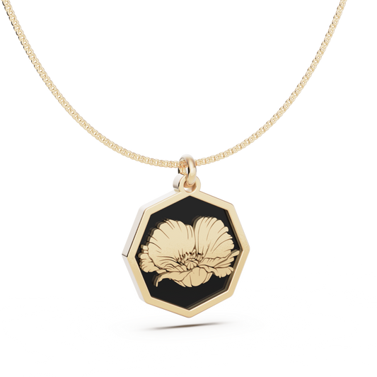 August (Poppy) Birth Flower Octagon Pendant - 9ct Yellow Gold