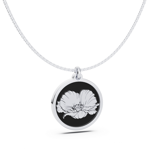 August (Poppy) Birth Flower Round Pendant - 925 Silver