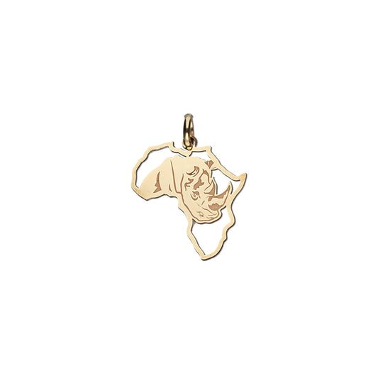 Africa Map Rhino Pendant- 9ct Yellow Gold