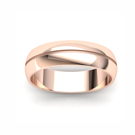 Men's Wedding Band: 9ct Rose Gold D-shaped band with single groove