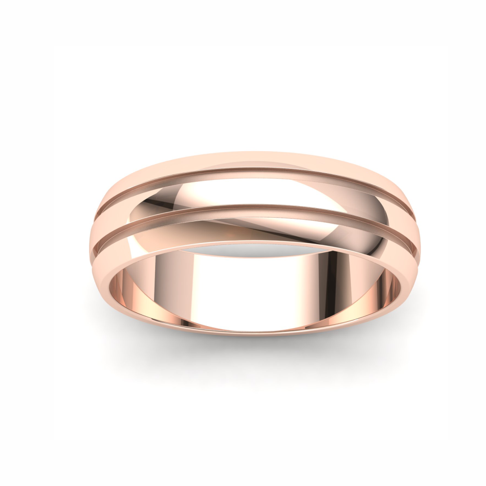 Men's Wedding Band: 9ct Rose Gold D-shaped band with double groove