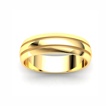 Men's Wedding Band: 9ct Yellow Gold D-shaped band with double groove