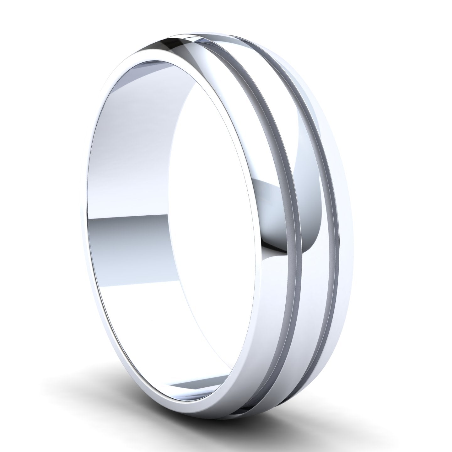 Men's Wedding Band: 9ct White Gold D-shaped band with double groove