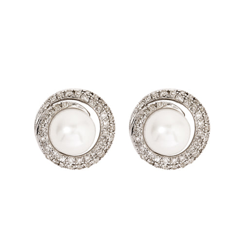 Diamond & White Fresh Water Pearl Stud Earring- 9ct White Gold