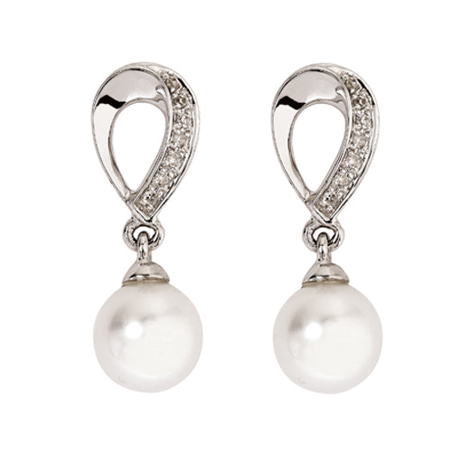 Diamond & White Fresh Water Pearl Drop Earrings- 9ct White Gold