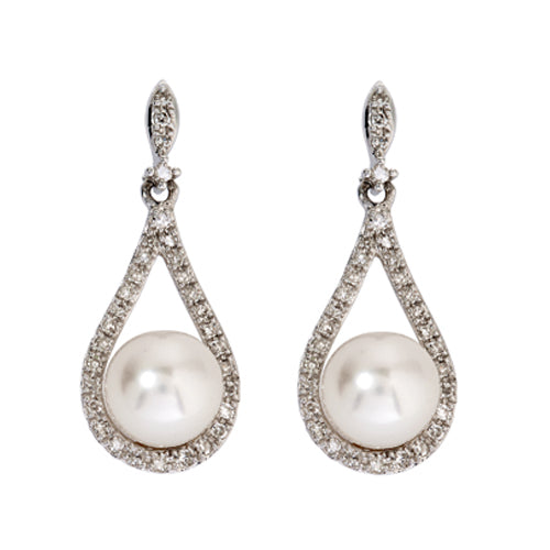 Diamond & White Fresh Water Pearl Drop Earring- 9ct White Gold