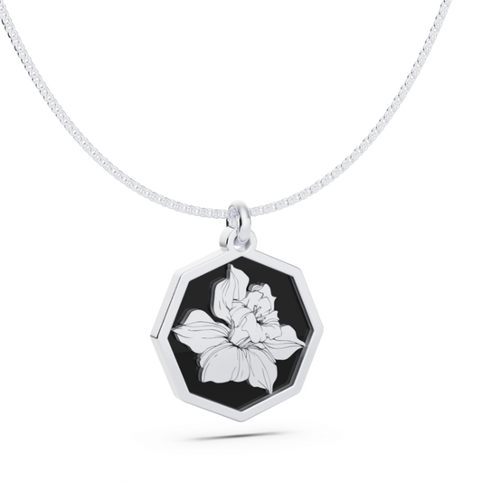 December (Narcissus) Birth Flower Octagon Pendant - 925 Silver