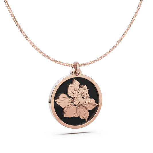 December (Narcissus) Birth Flower Round Pendant - 9ct Rose Gold