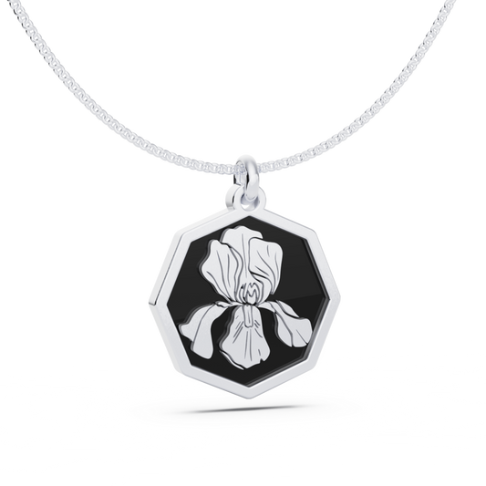 February (Iris) Birth Flower Octagon Pendant - 925 Silver