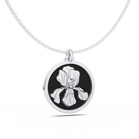 February (Iris) Birth Flower Round Pendant - 925 Silver