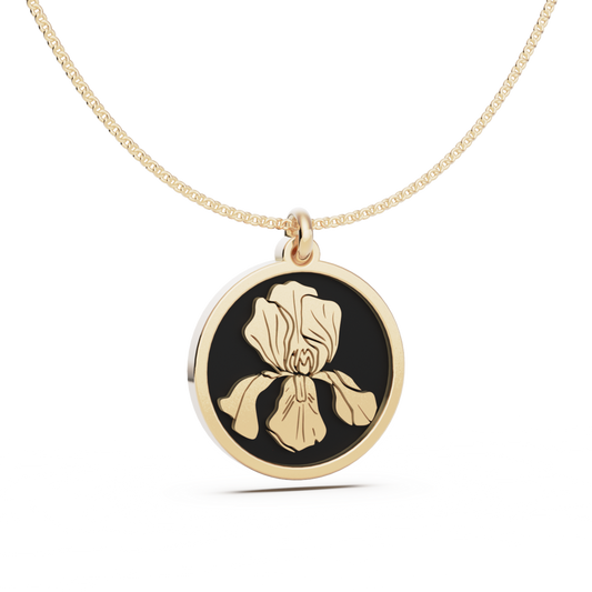 February (Iris) Birth Flower Roud Pendant - 9ct Yellow Gold