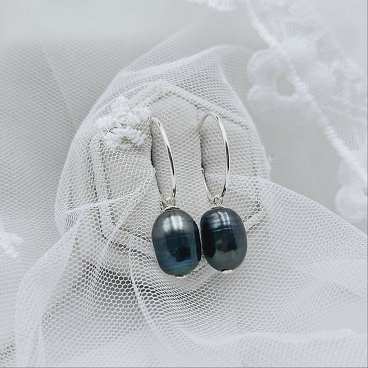 Thin Hoop Earrings with Hanging Blue Pearl