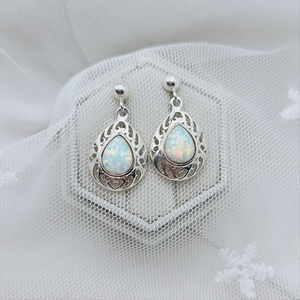 Teardrop Opal and Detailed Border Hanging Earrings