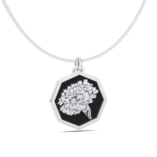 January (Carnation) Birth Flower Octagon Pendant - 925 Silver