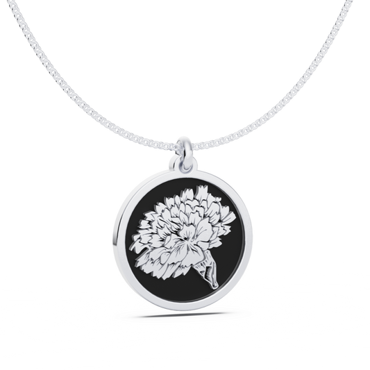 January (Carnation) Birth Flower Round Pendant - 925 Silver